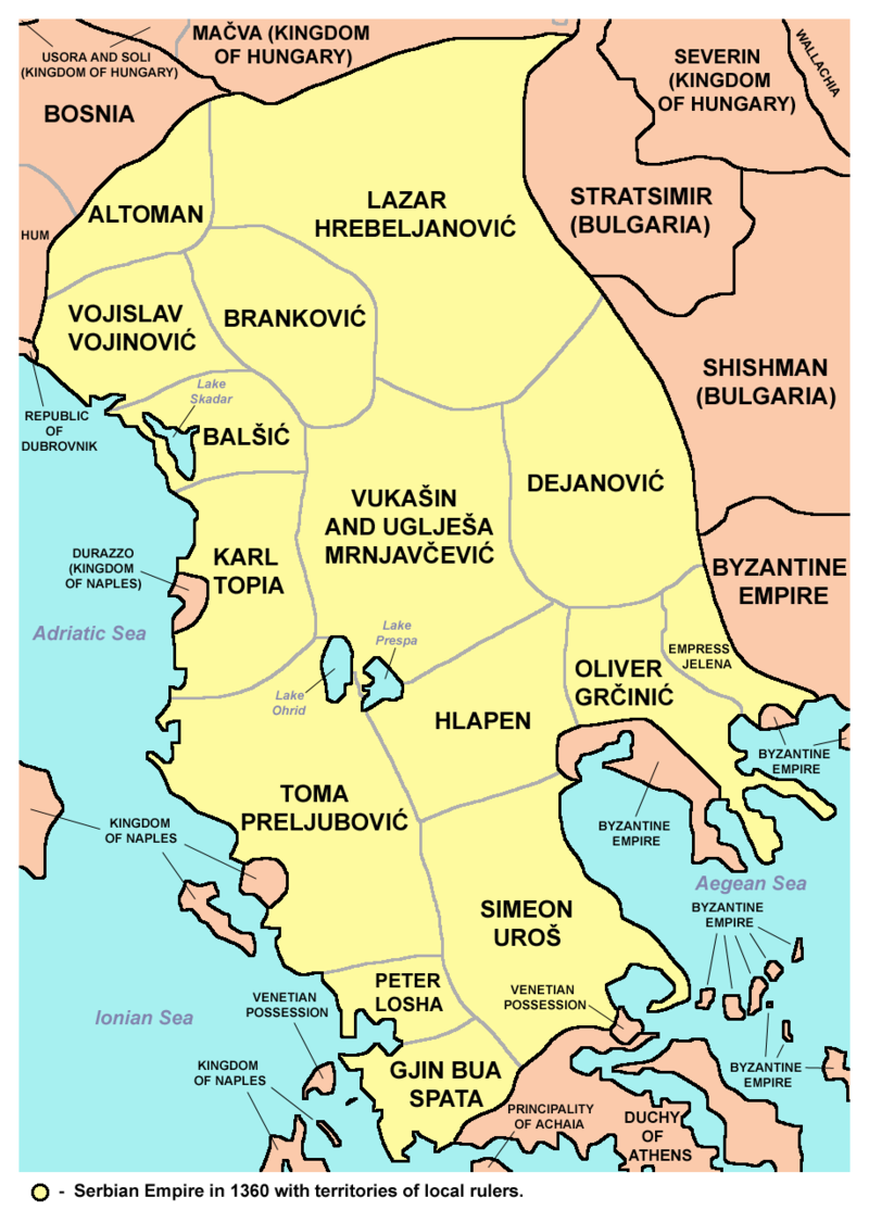 Srpsko carstvo 1360. godine, u vreme cara Uroša, sa teritorijama oblasnih gospodara.